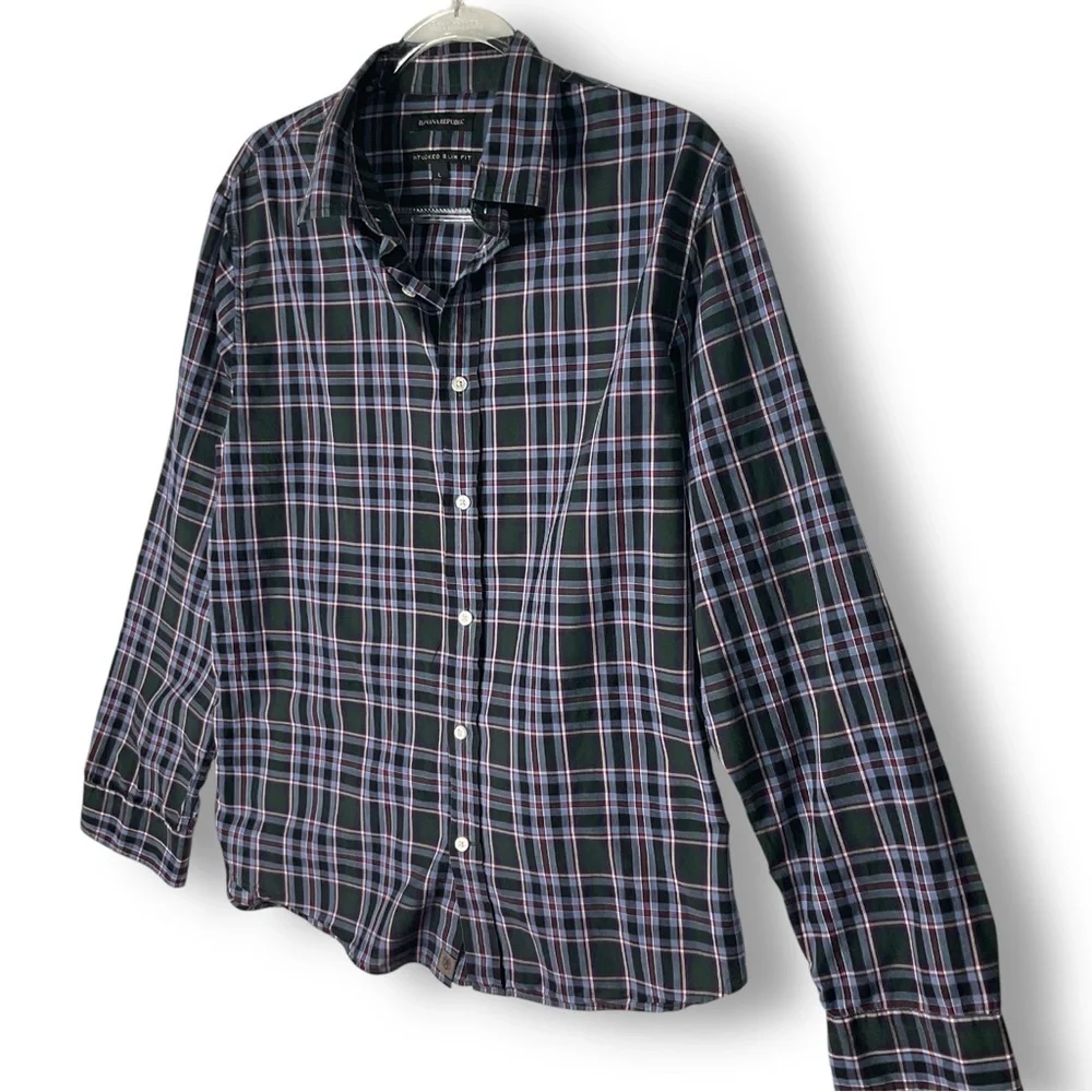 Banana Republic Mens Shirt Sz L Untucked Slim Fit Plaid Button Up Lightweight Co